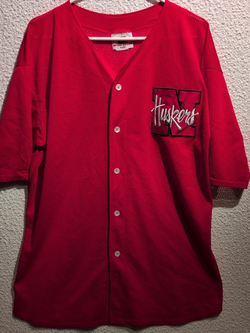 VTG 80's Huskers Red Button-Up Mesh Baseball Jersey